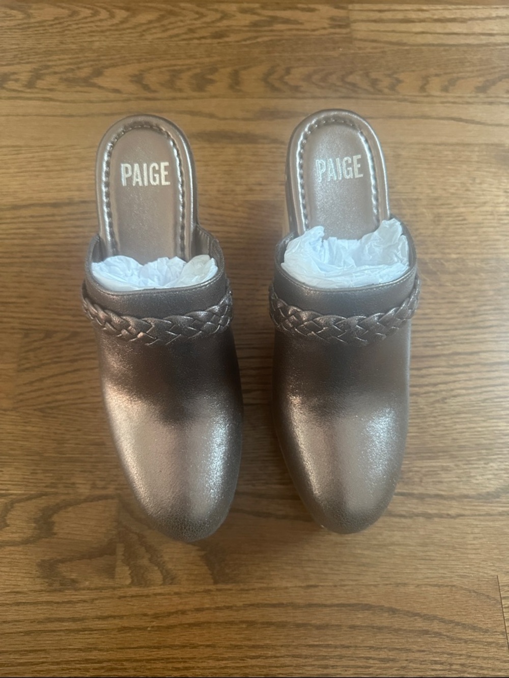 NIB PAIGE Bronze Metallic Braided-Trim Slip-On clogs